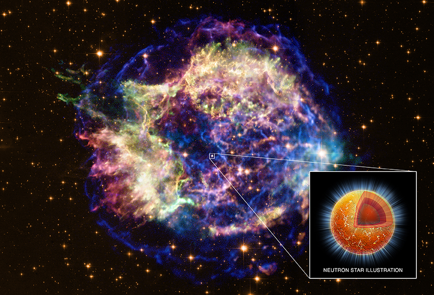 Das Bild zeigt eine Nebelwolke in weißgrün, blau uns violett. Rechts unten ist ein Einschub eines rot-orangefarbenen Neutronensterns, der von Strahlen umgeben ist. Rechts oben ist ein dreieckiges Stück aus dem Neutronenstern herausgeschnitten.