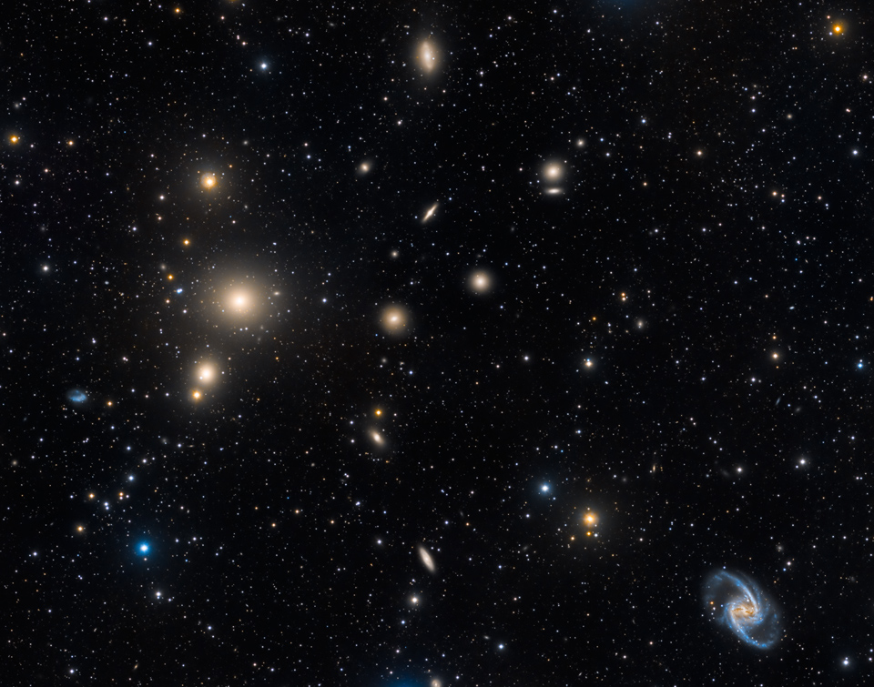 Fast jeder Klecks im Bild ist eine elliptische Galaxie im Fornax-Galaxienhaufen, rechts unten ist eine markante Balkenspirale mit blauen Armen.