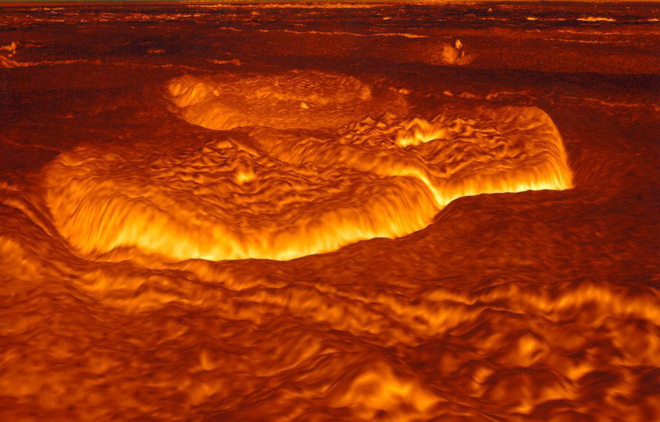 Das Bild zeigt rot leuchtende Geländestrukturen auf der Venus. Sie wurden mit Radar abgebildet und falschgefärbt. Die Bilder stammen von der Raumsonde Magellan, die mit Radar durch die dichte Atmosphäre blickte.