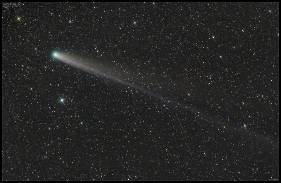 Vor den blassen Sternen im Sternbild Herkules, die dicht über den Hintergrund verteilt sind, zieht Komet Lovejoy mit einem langen dünnen Schweif und einer grünen Koma diagonal durchs Bild.