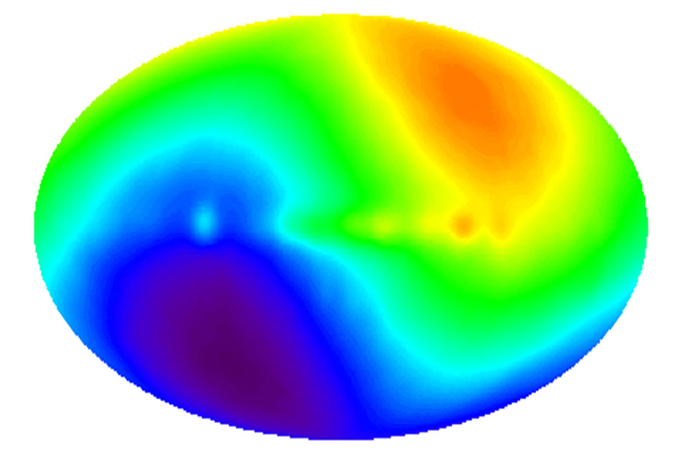 Die Karte zeigt, mit welcher Geschwindigkeit sich die Erde und ihre Umgebung im Vergleich zum kosmischen Mikrowellenhintergrund bewegen. Die Bewegungsrichtung verläuft von rot nach blau.