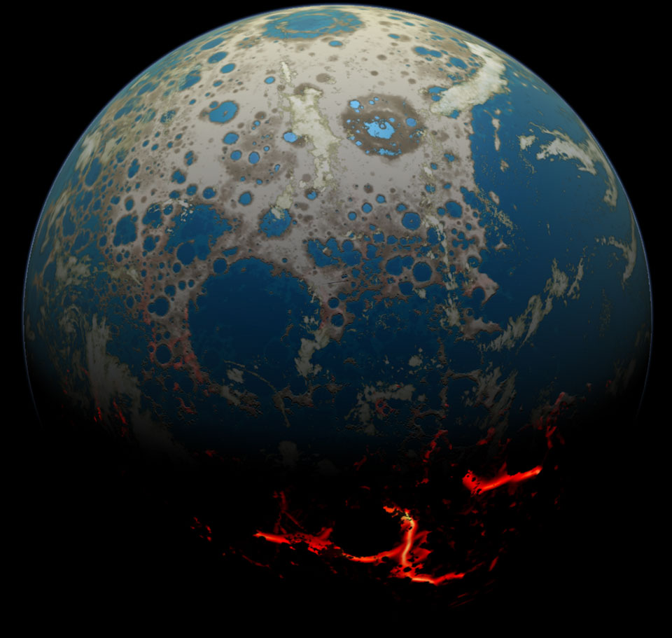 Die Erde ist von oben beleuchtet und kaum zu erkennen. Sie ist von wassergefüllten Kratern bedeckt, unten auf der Nachtseite sind Risse, aus denen glühende Lava leuchtet. Das Bild ist eine künstlerische Illustration.