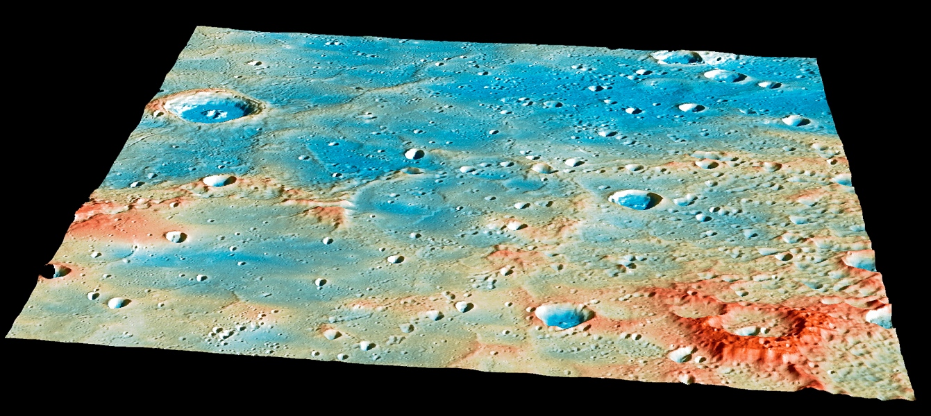 Das Bild zeigt einen Ausschnitt der Merkuroberfläche, auf dem die Raumsonde MESSENGER einschlug. Das farbcodierte Bild zeigt hohe Bereiche in roten Farben, blaue Gebiete liegen tiefer.