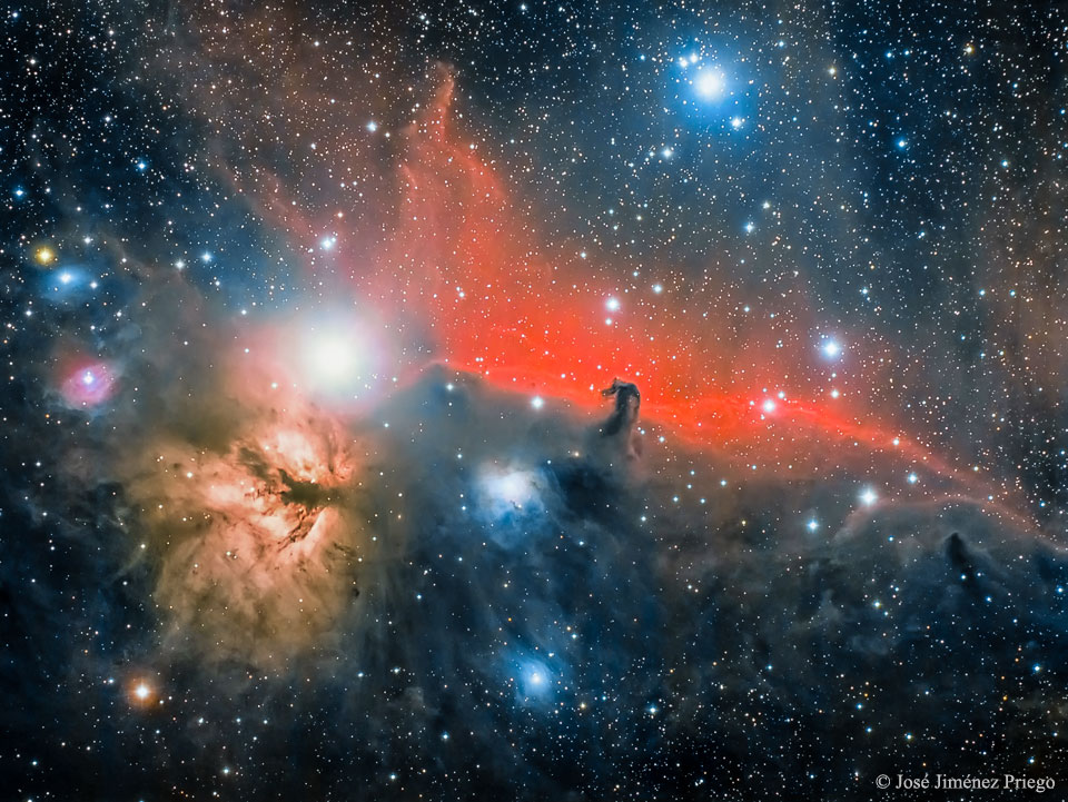 Das lebhafte Bild zeigt eine rote Nebelwolke, in der Mitte ist ein dunkler Pferdekopf eingekerbt. Links leuchtet ein Nebel, der an eine Flamme erinnert. Viele Sterne sind im Bild verteilt, einige davon sind sehr hell.