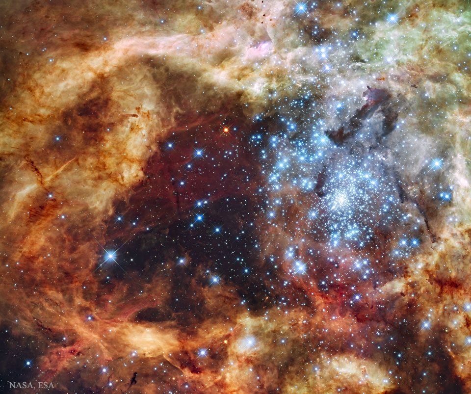 Rechts ist ein gleißender, dichter Sternhaufen mit blauen Sternen. Er ist in einen Nebel mit vielen Fasern eingebettet. Links daneben ist eine sehr dunkle Stelle.
