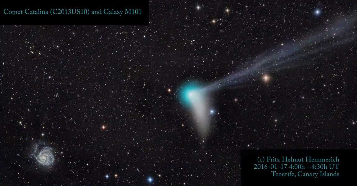 Rechts breitet Komet Catalina seine Schweife aus. Links unten ist die Spiralgalaxie M101.