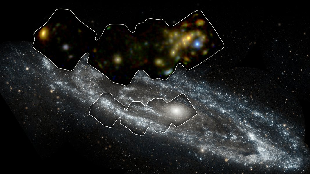 Die Andromedagalaxie ist in UV-Licht abgebildet. Darüber wurden Bilddaten in Röntgenlicht gelegt, die Binärsysteme mit Neutronensternen oder Schwarzen Löchern zeigen.