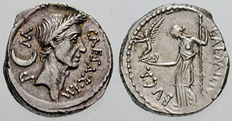Die Vorderseite dieser Münze zeigt Julius Caesar. Dieser römische Kaiser führte den julianischen Kalender ein, der alle vier Jahre einen Schalttag vorsieht.