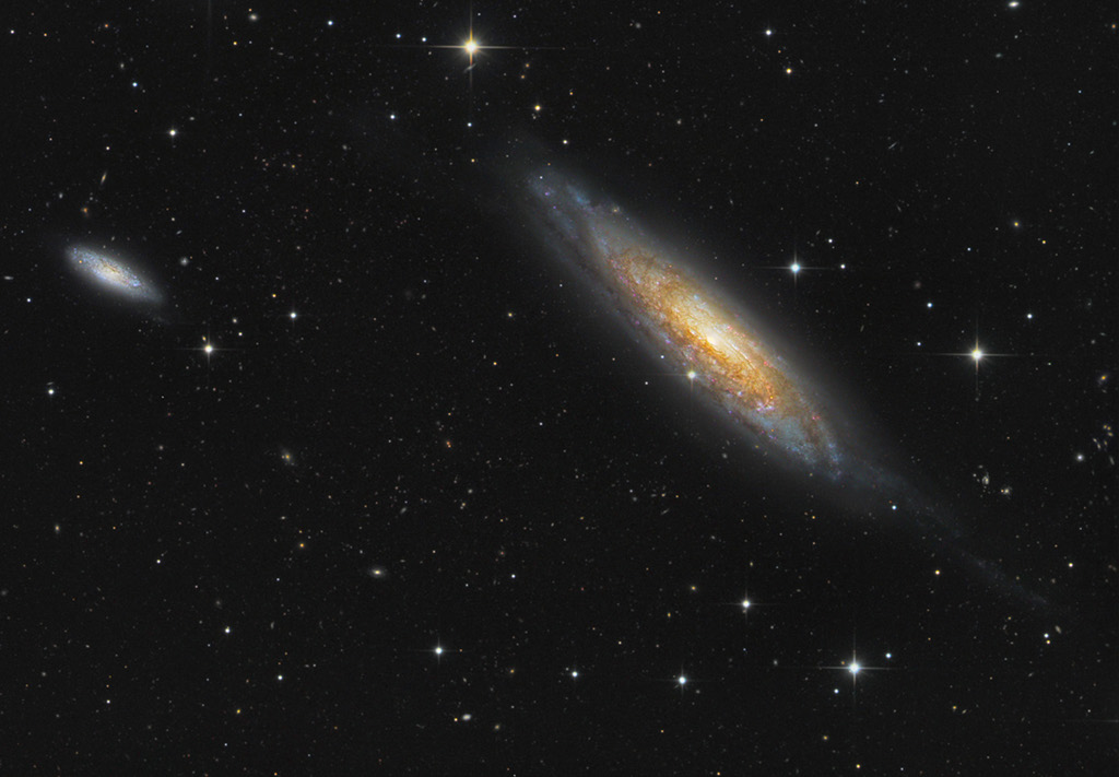 Rechts leuchtet die Spiralgalaxie NGC 134 schräg im Bild, wir sehen sie fast von der Seite. Auch im Bild ist NGC 134 riesig. Links leuchtet die kleinere Galaxie NGC 131.