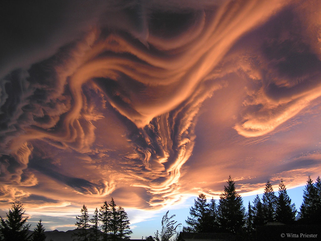 Diese Wolken wirken bedrohlich, doch es sind einfach Wolken mit gewellter Unterseite, die von der Sonne seitlich beleuchtet werden. Sie wurden bei Hanmer Springs im neuseeländischen Canterbury fotografiert.