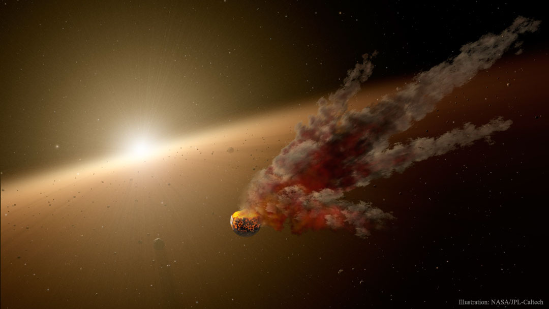 Die Illustration zeigt einen Planeten, der wahrscheinlich zerbricht. Das deuten Staubwolken an, die nach links strömen. Links hinten ist ein Stern, der von einer Staubscheibe umgeben ist. Der Staub dämpft sein Licht. In der Scheibe befinden sich zahlreiche große Trümmer.