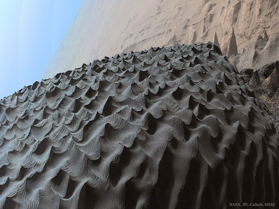 Die dunkle aktive Düne Namib auf dem Mars ist hier waagrecht verkürzt dargestellt. Sanddünen auf dem Mars entwickeln sich ähnlich wie auf der Erde, es gibt jedoch Unterschiede.