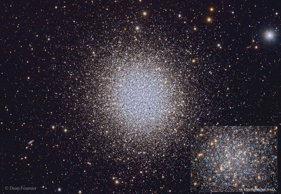 Der Kugelsternhaufen M13 enthält zahllose Sterne, die in sehr engem Raum gedrängt sind. Hier zeigt ein Bildeinschub das Zentrum, er wurde mit Hubble aufgenommen.