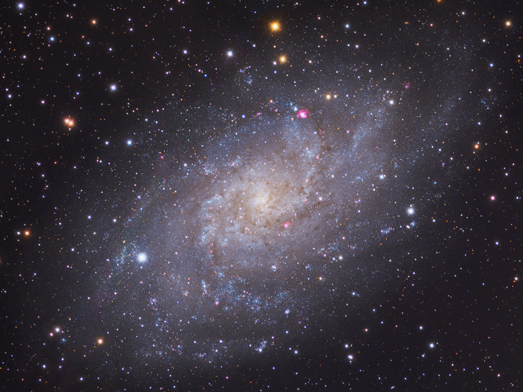 Eine flockige Spiralgalaxie mit losen Spiralarmen füllt das Bild. Sie ist von vielen Sternen umgeben.