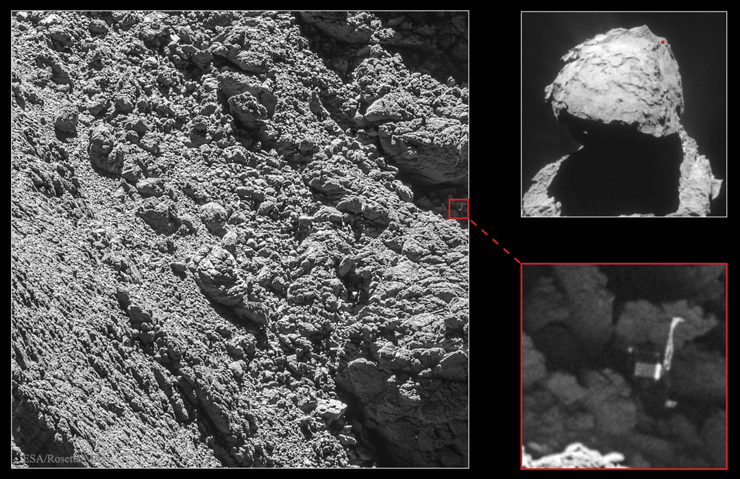 Links ist eine Nahaufnahme der Oberfläche des Kometen Tschurjumow-Gerassimenko. Rechts oben markiert ein rotes Quadrat die Landesonde Philae. Der Ausschnitt ist rechts unten vergrößert. Rechts oben ist der Ausschnitt auf einem Übersichtsbild des Kometenkerns markiert.