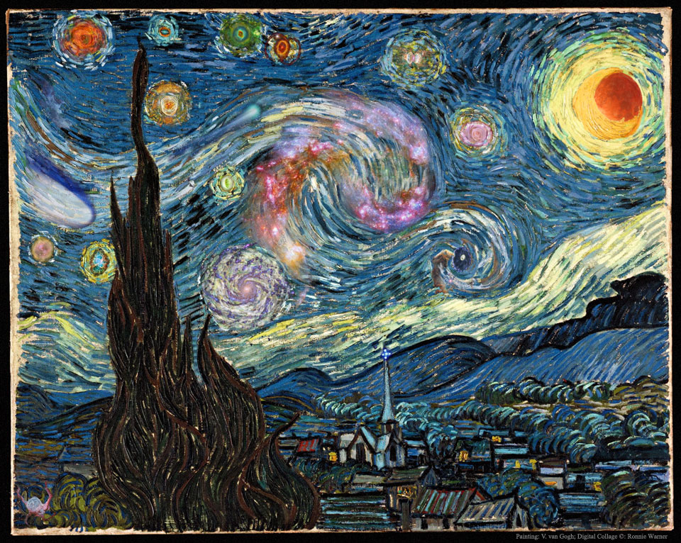 Im Gemälde "Sternennacht" von van Gogh sind zahlreiche Weltraumbilder versteckt. Das Bild ist eine Schnitzeljagd.
