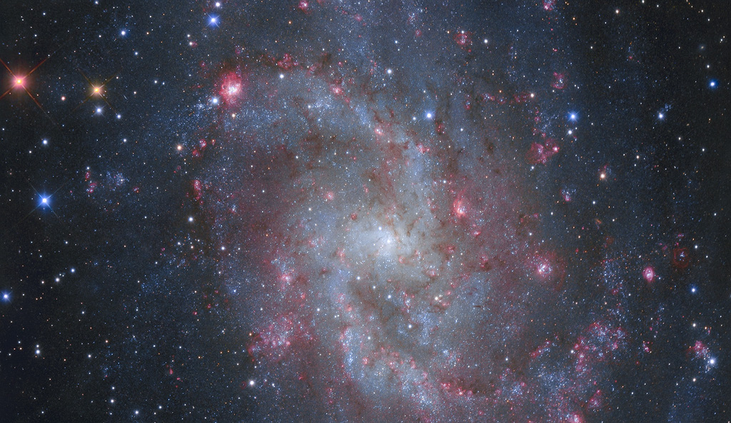 Die flockige Spiralgalaxie M33 füllt das Bild. An den losen Spiralarmen sind rötliche Sternbildungsregionen verteilt.