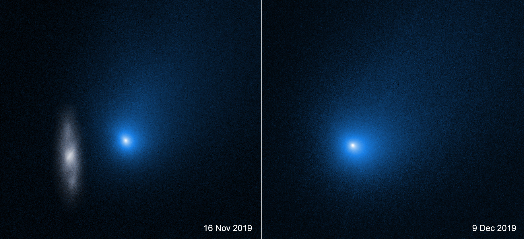 Die beiden Aufnahmen stammen von Hubble. Sie zeigen den Kometen 2I/Borisov kit einer blau schimmernden Koma. Im linken Bild vom 16. November 2019 ist auch eine Spiralgalaxie zu sehen. Das rechte Bild entstand am 9. Dezember 2019.